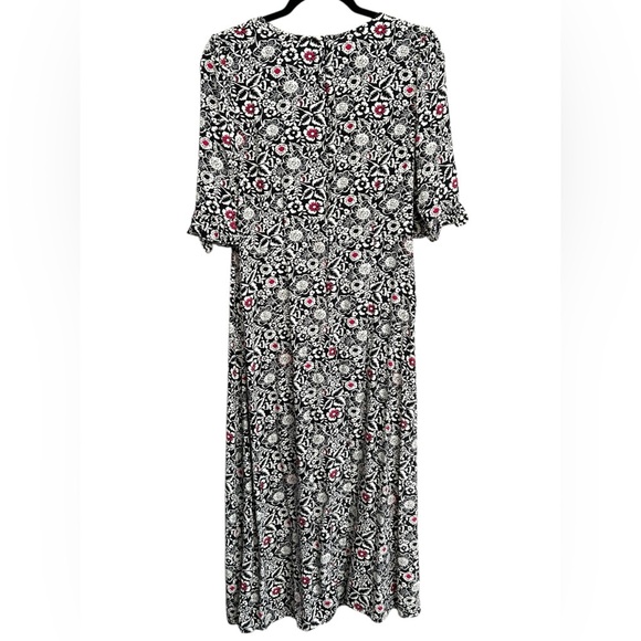 LOFT Women’s Black White Pink Floral Ruffle Cuff Midi Dress Zip Back - Size 12 - Picture 3 of 10